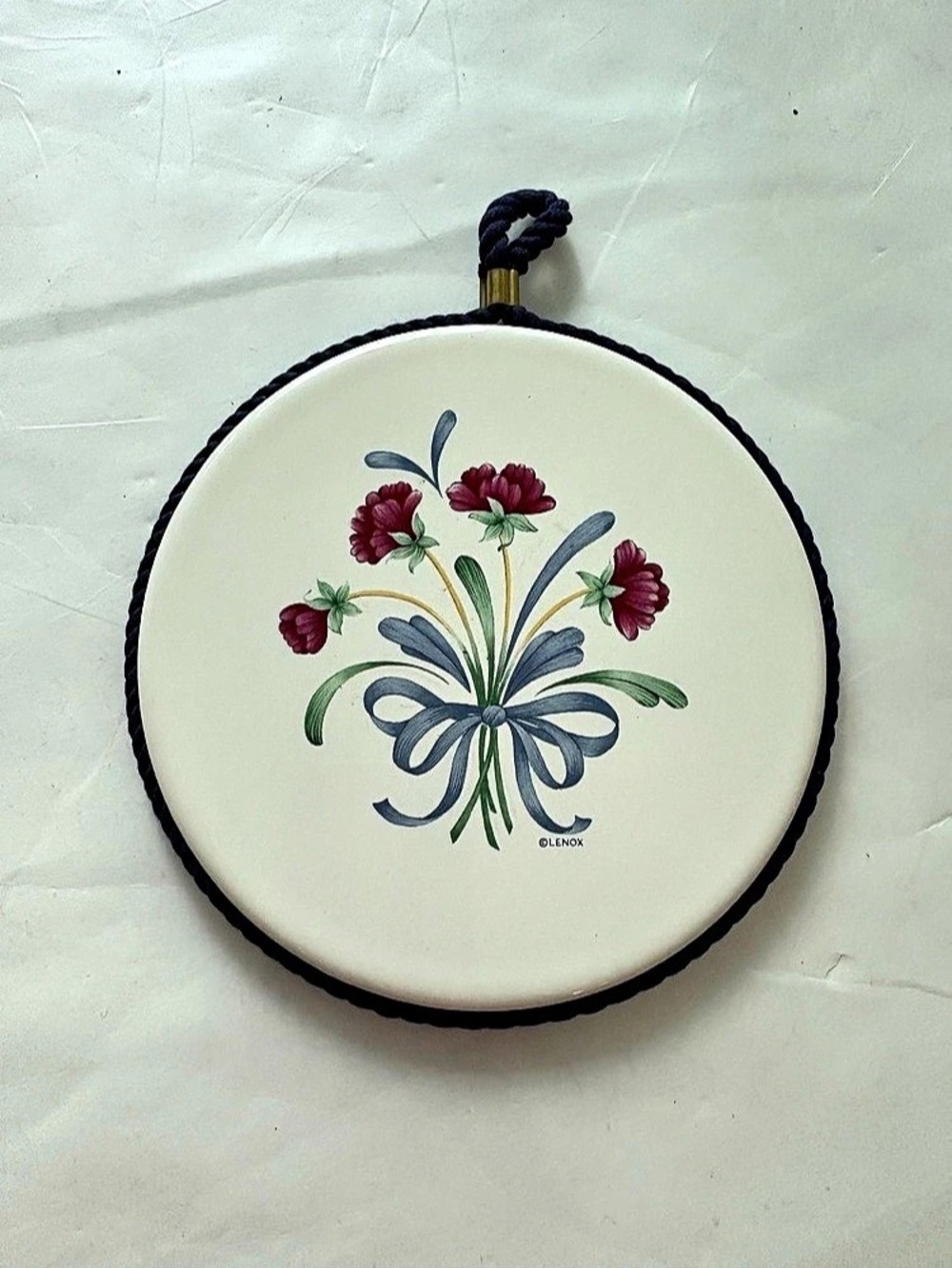 Lenox Floral Trivet decor with Blue Rope Trim, Cream & Blue